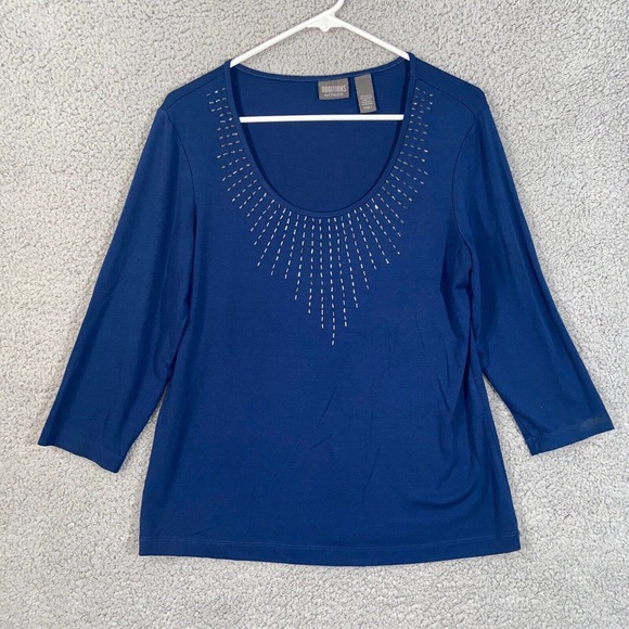 Additions by Chico's Blouse Womens 1 Blue 3/4 Sleeve Pullover Scoop Neck Beaded - Picture 1 of 14